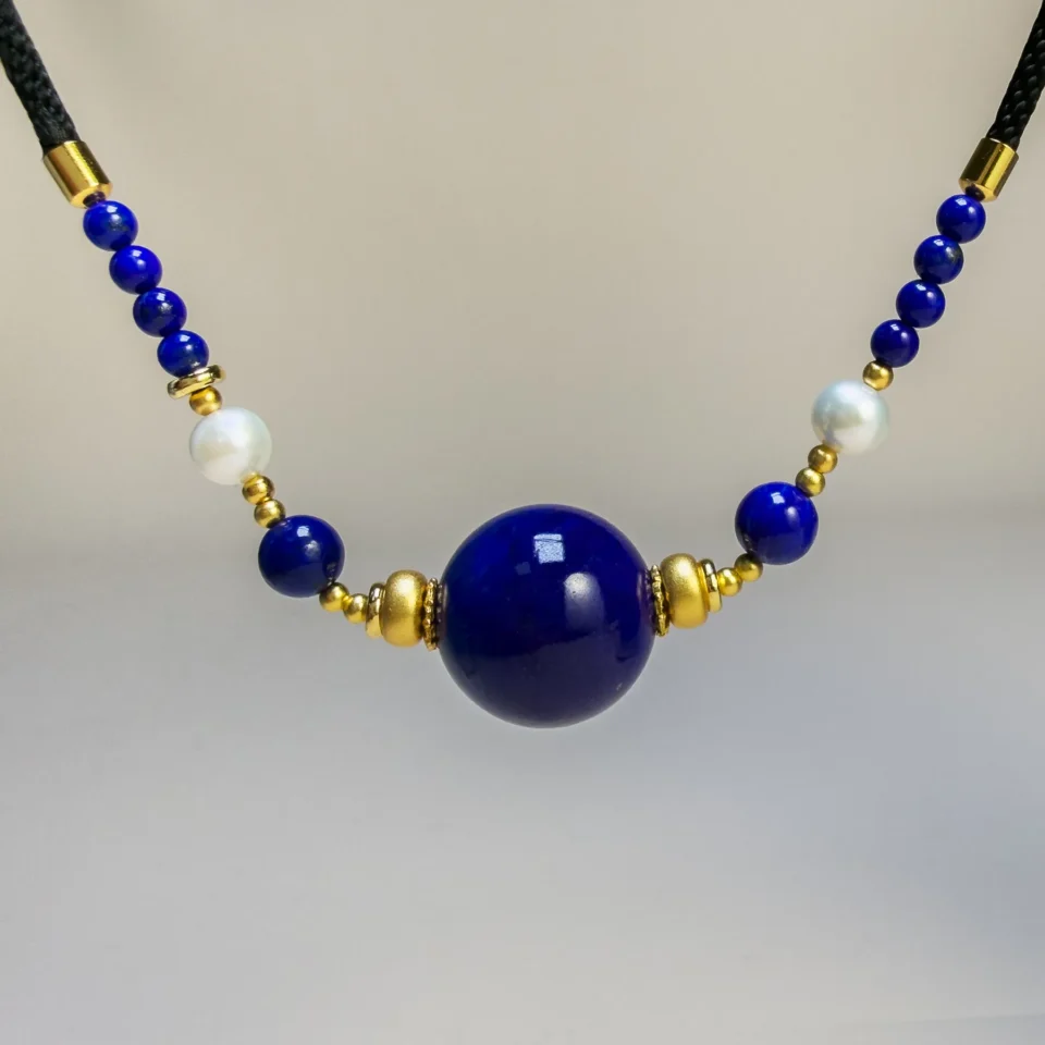Natural Imperial Lapis Lazuli 16mm Bead and Pearl Cord Necklace