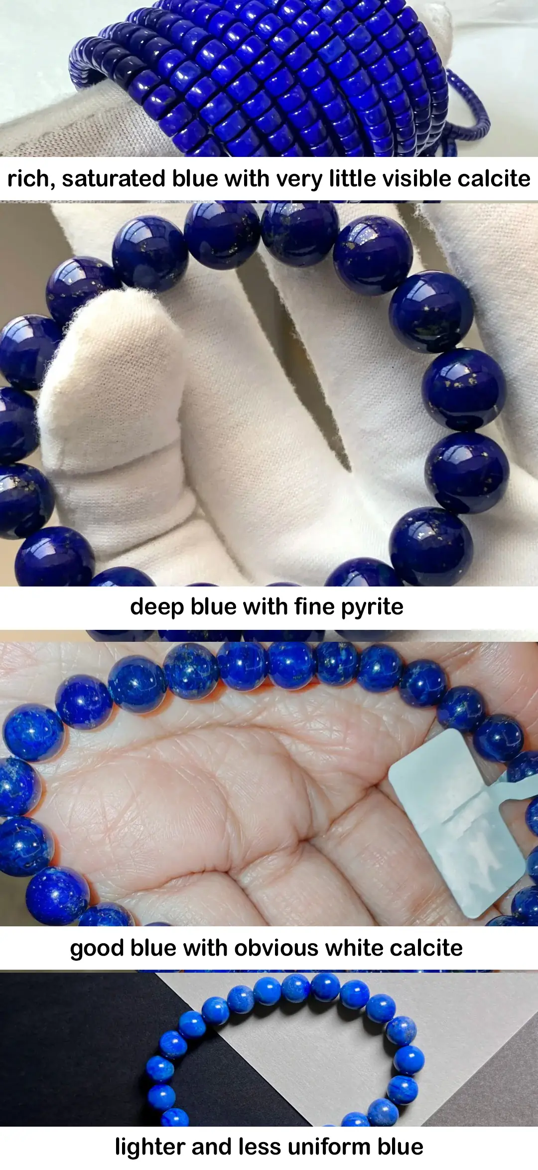 All four may be lapis lazuli, but color saturation, calcite and overall consistency create very different visual results.