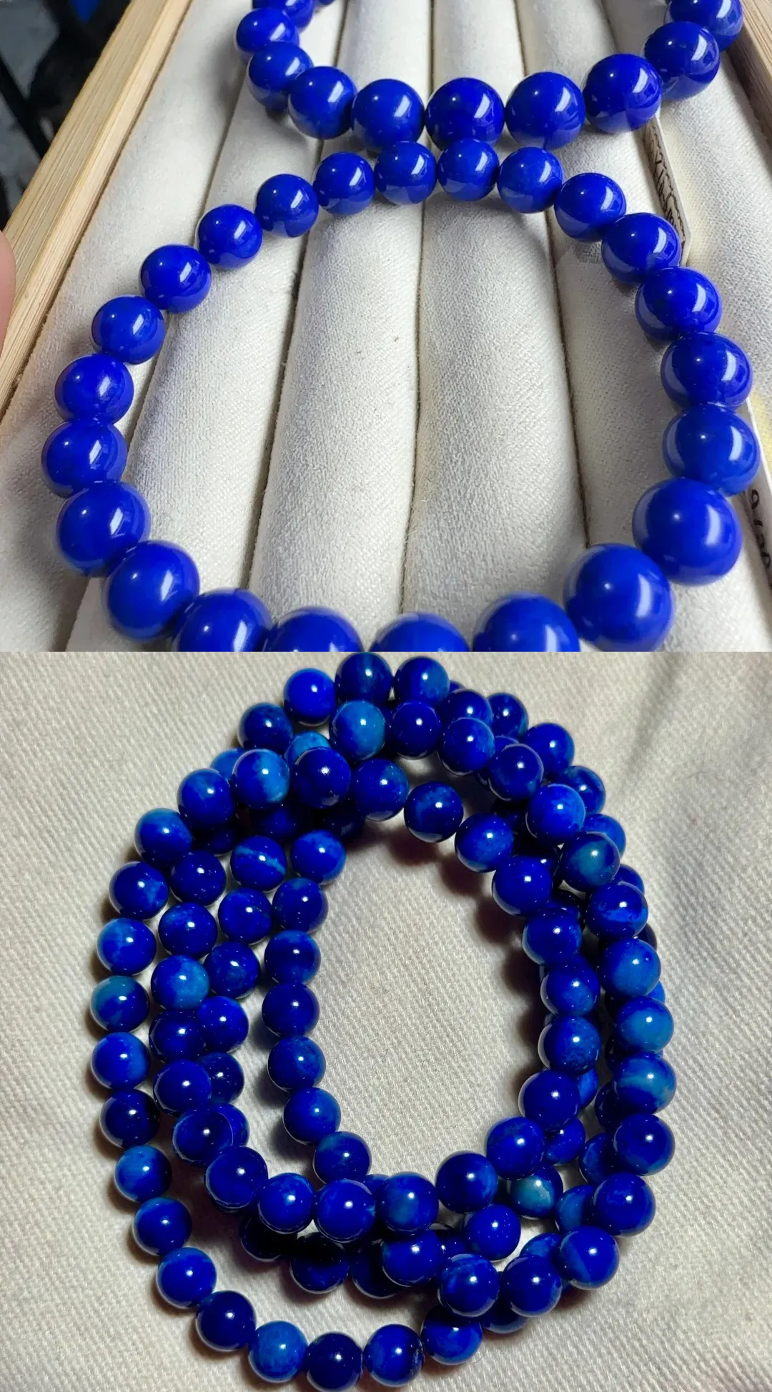 Two real bracelets photographed under the same lighting.
Bracelet A: relatively consistent blue
Bracelet B: noticeable variation between beads