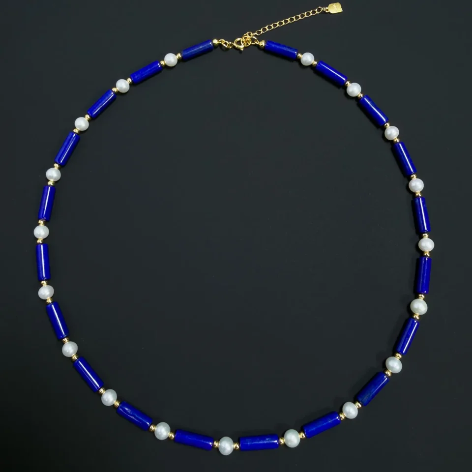 Natural Lapis Lazuli Tube Bead & Cultured Freshwater Pearl Necklace