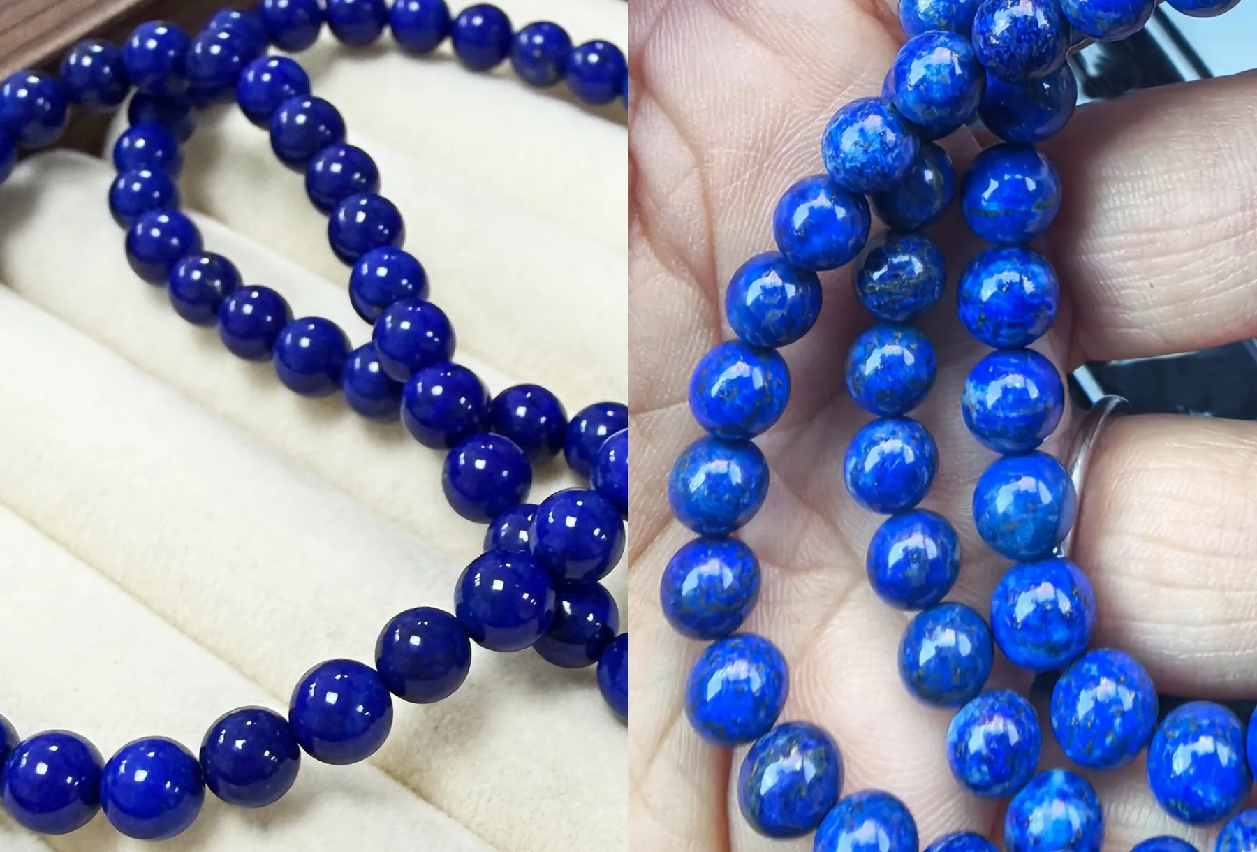 Two groups of polished lapis lazuli beads showing different blue tones and mineral patterns