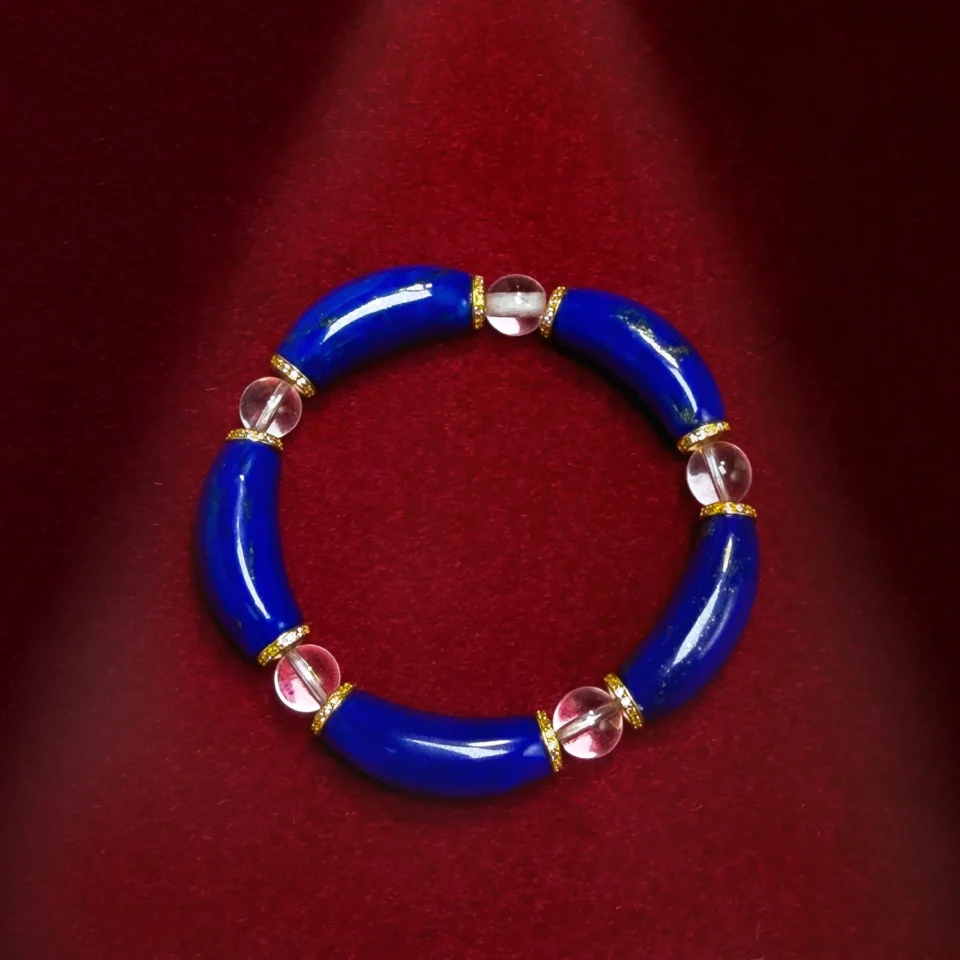 Natural Lapis Lazuli and Clear Quartz Curved Bead Bracelet