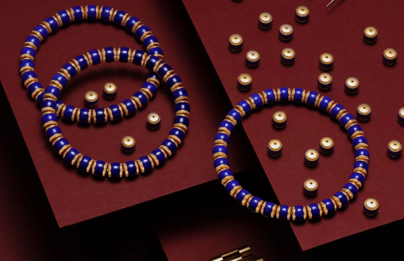 Lapis lazuli bracelets with deep blue beads and gold-tone accents