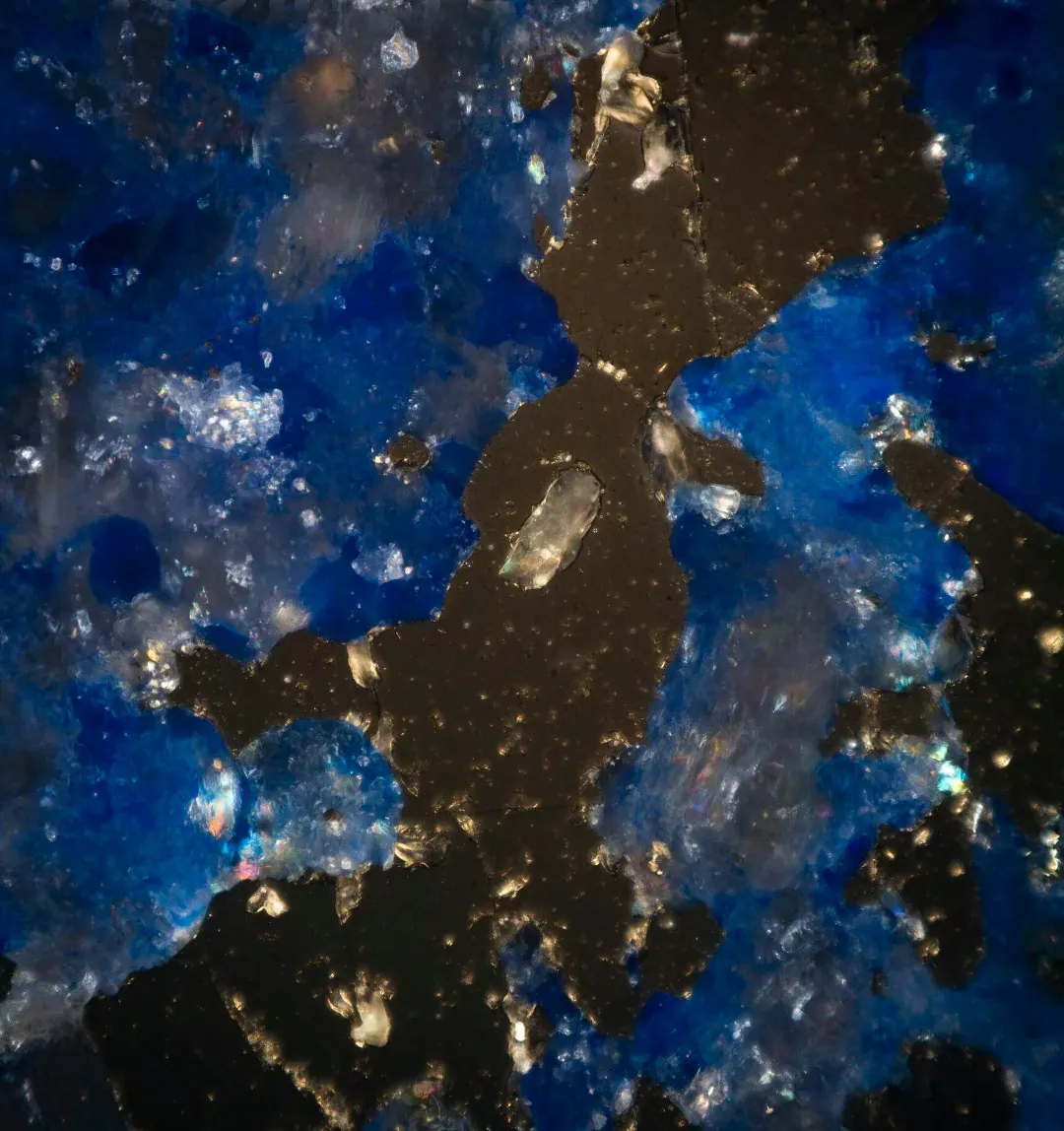 Close-up of metallic gold-colored pyrite within blue lapis lazuli