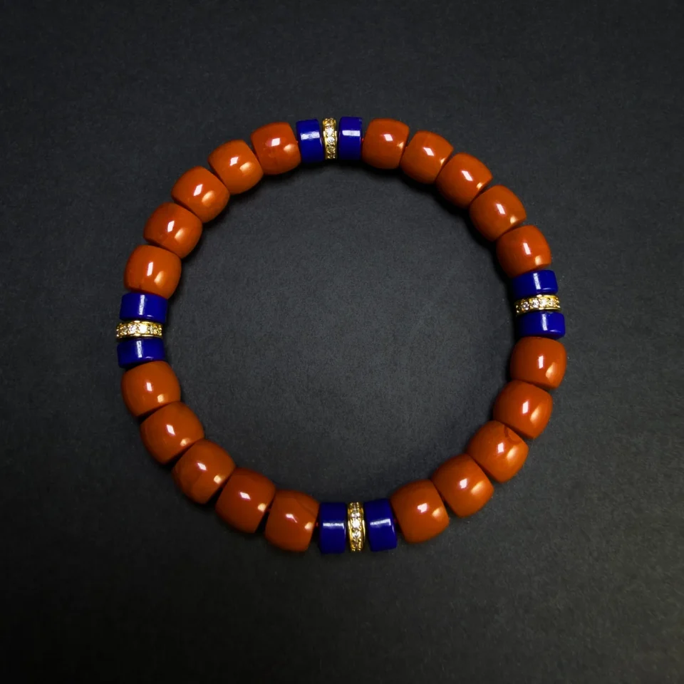 Natural Nanhong Agate Heishi Bracelet with Lapis Compass Accents
