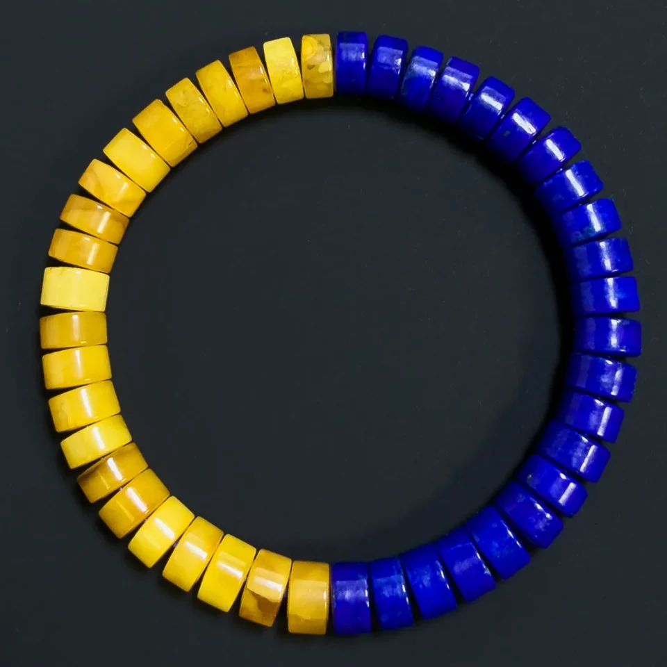 Natural Lapis Lazuli and Honey Amber Disc Bead Bracelet