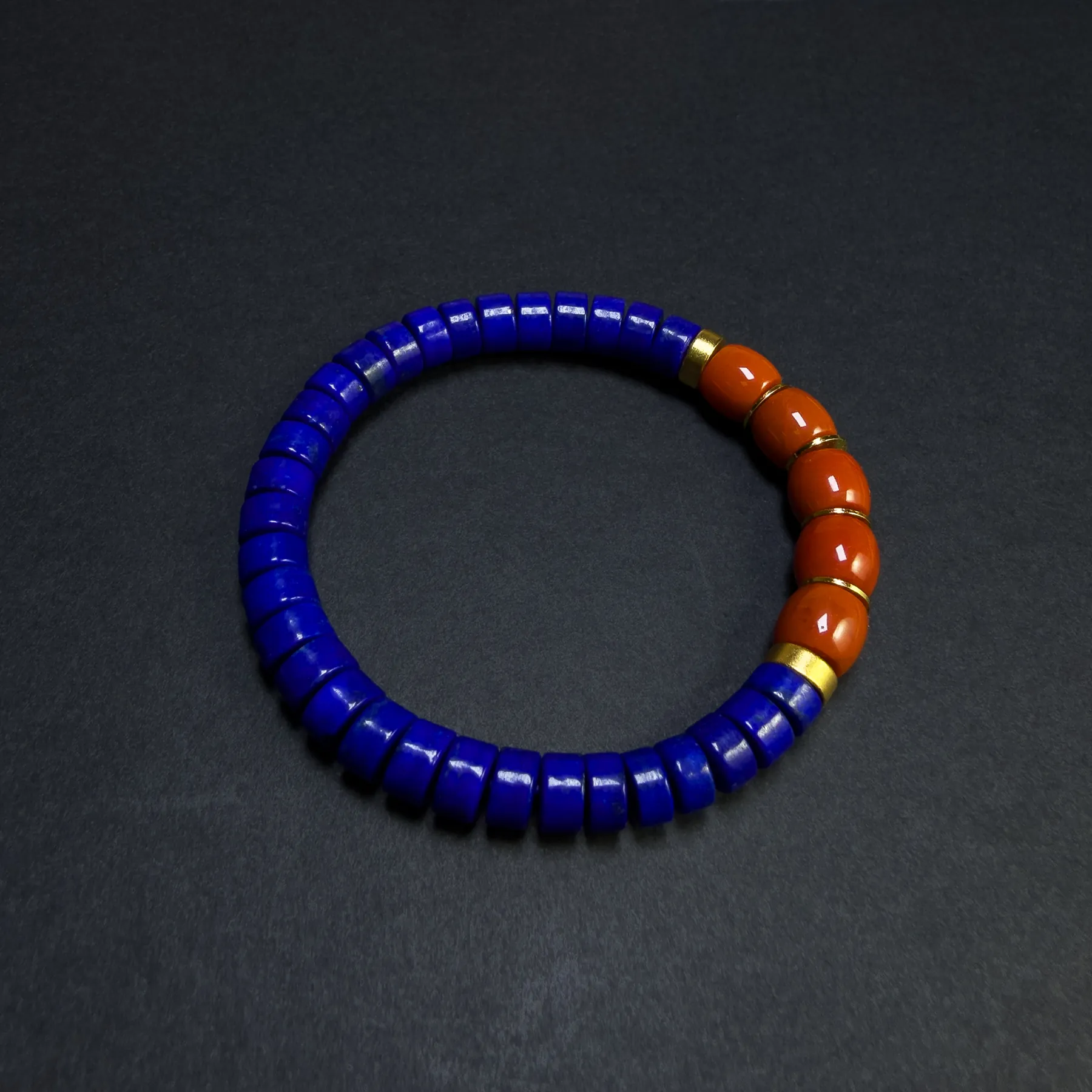Full natural lapis bracelet with a five-bead Nanhong agate color block
