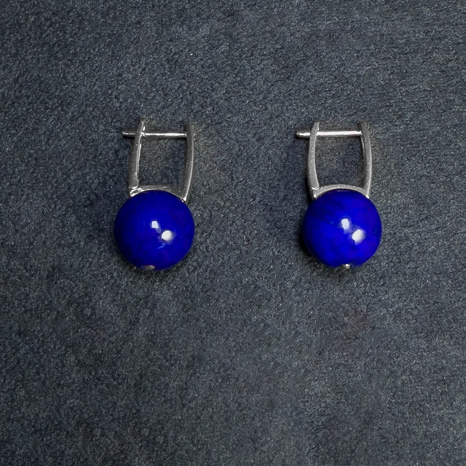 Sterling silver lapis lazuli leverback earrings with round imperial-blue beads