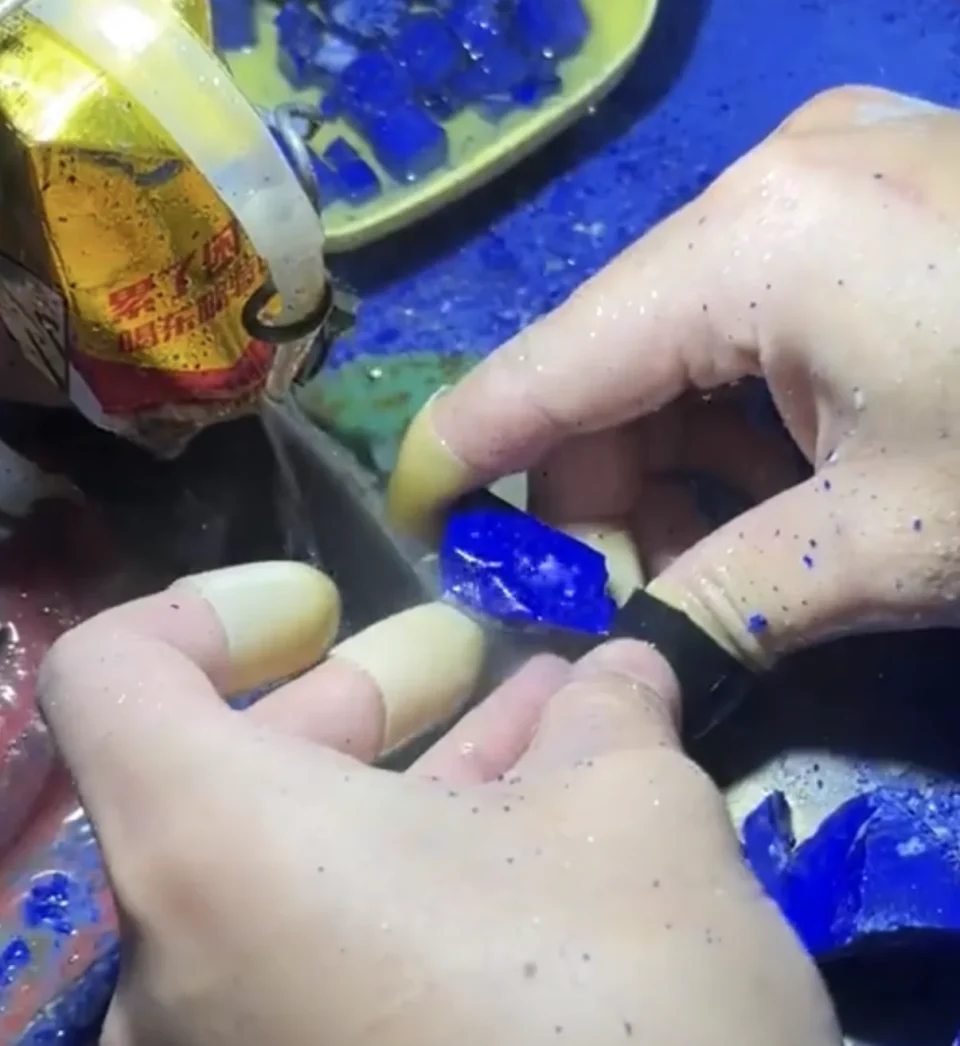 Cutting a smaller lapis lazuli piece for a bead blank
