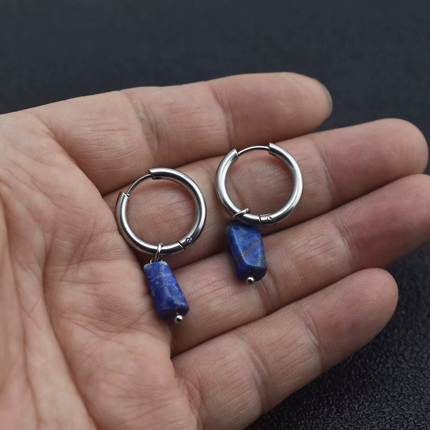 Gray-blue calcite-rich lapis lazuli paired with antiqued silver