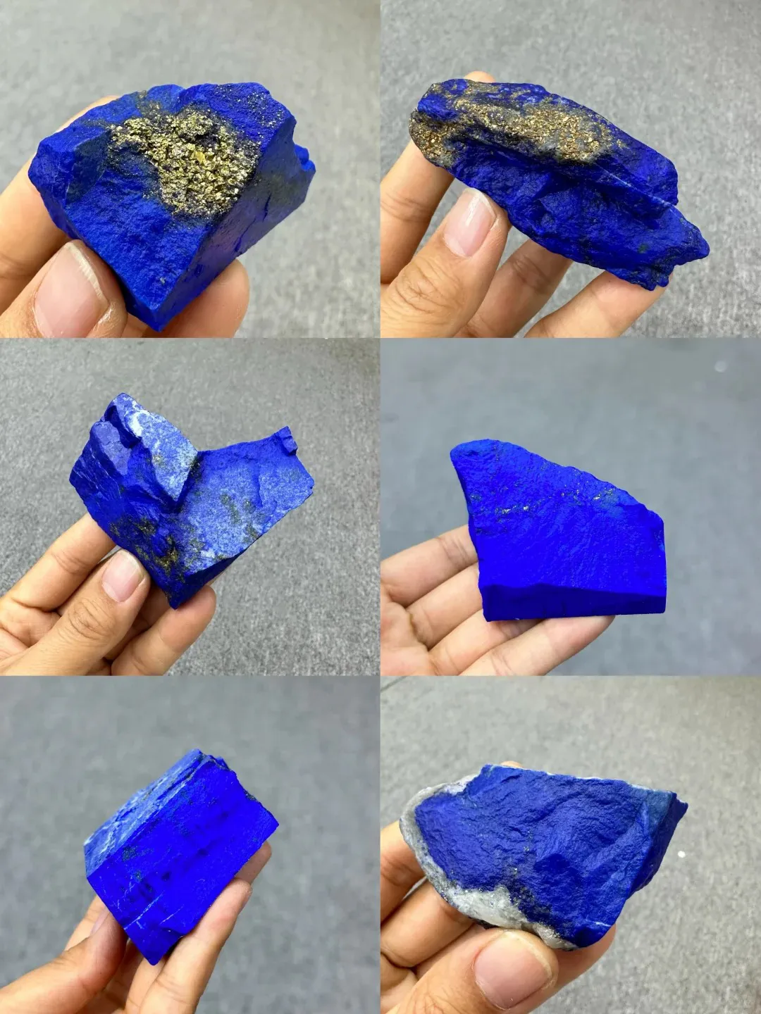 Lapis lazuli samples showing differences in blue color, pyrite and pale mineral areas