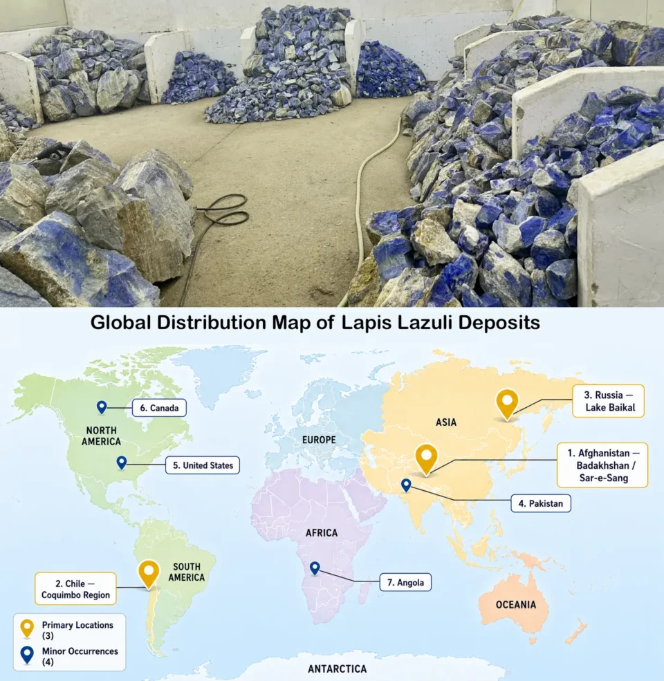 World map showing major and minor sources of lapis lazuli
