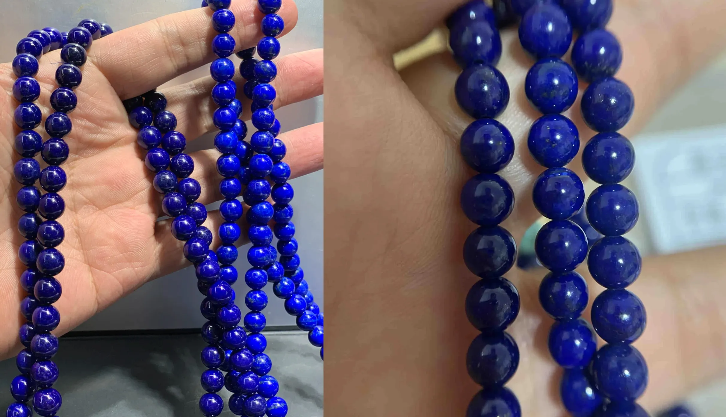 Natural lapis lazuli showing clean blue, white calcite and gold-colored pyrite