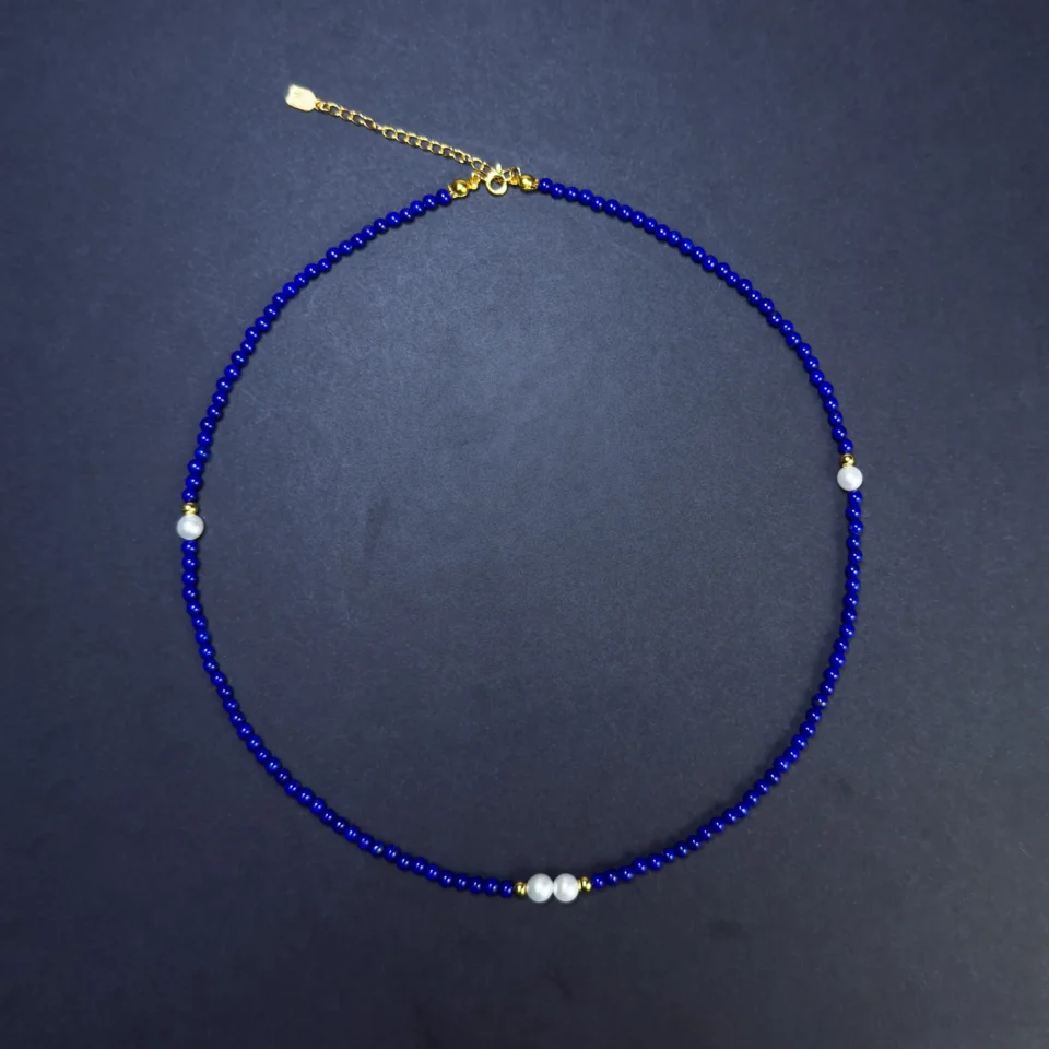 Dainty Lapis Lazuli Pearl Necklace with Gold-Plated S925 Silver