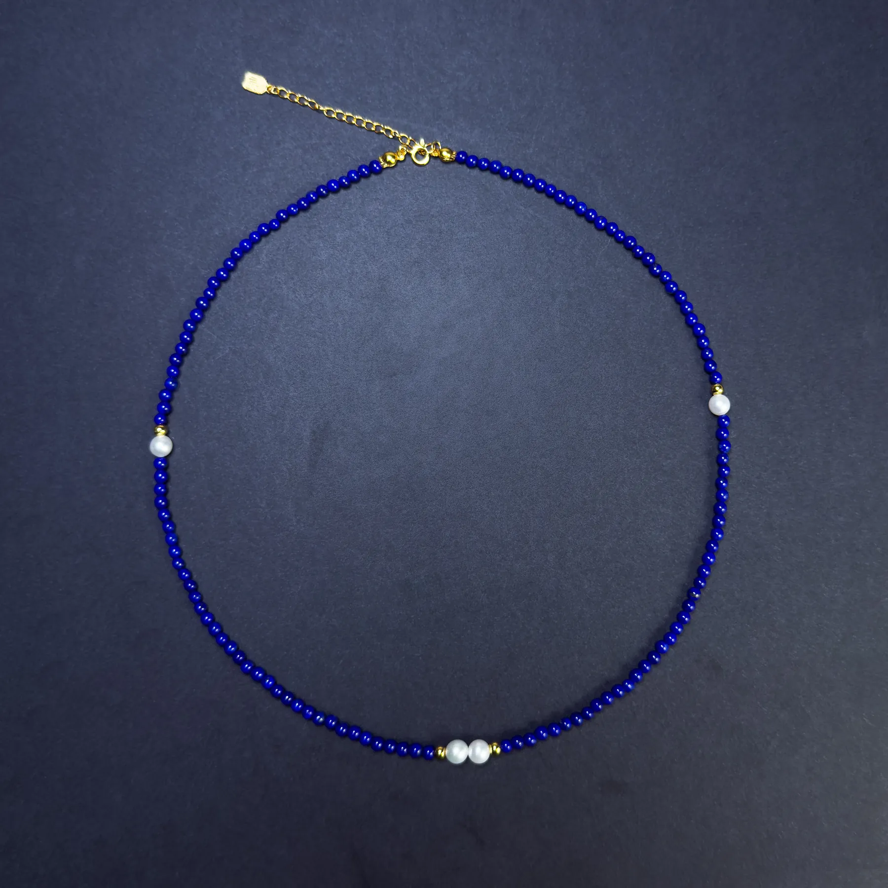 Full dainty lapis lazuli pearl necklace with gold-toned extension chain