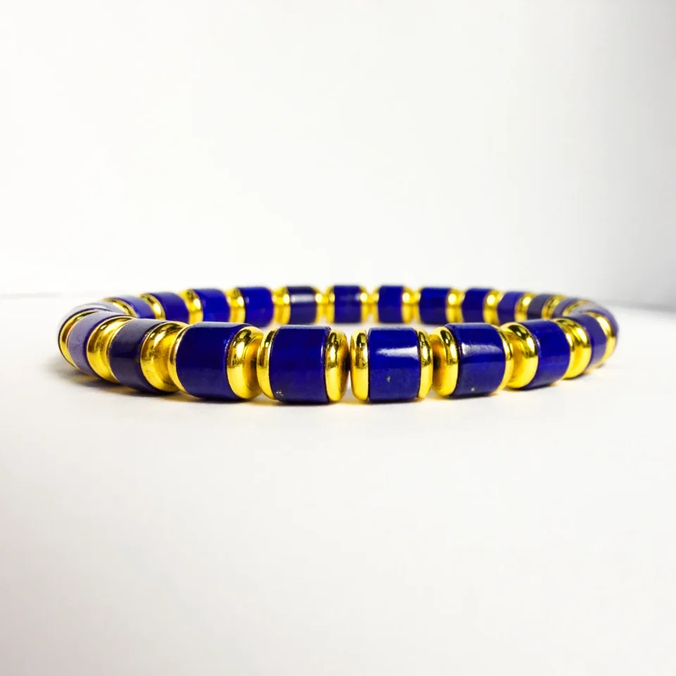 High-Quality Lapis Lazuli Cylinder Bead Bracelet with Gold-Plated Screw Tubes