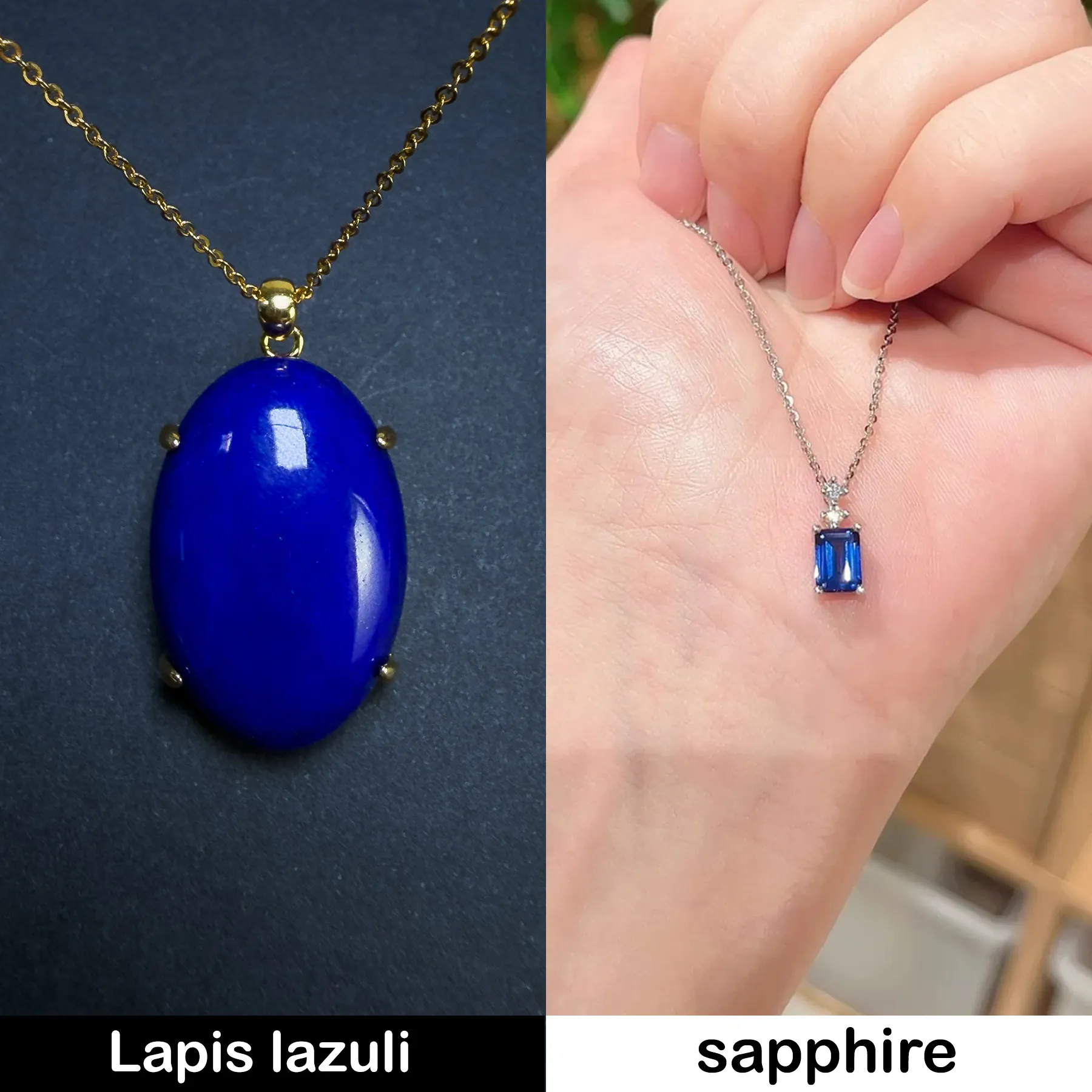 Royal-blue lapis lazuli pendant beside a faceted blue sapphire pendant for birthstone comparison