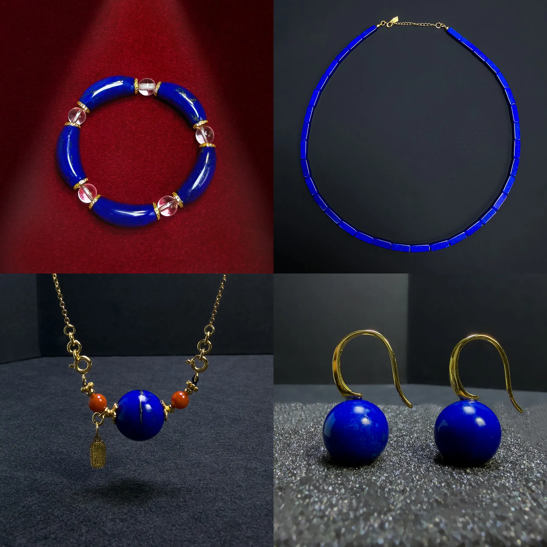 Lapis lazuli bracelet, necklace, pendant and earrings shown as birthday gift options