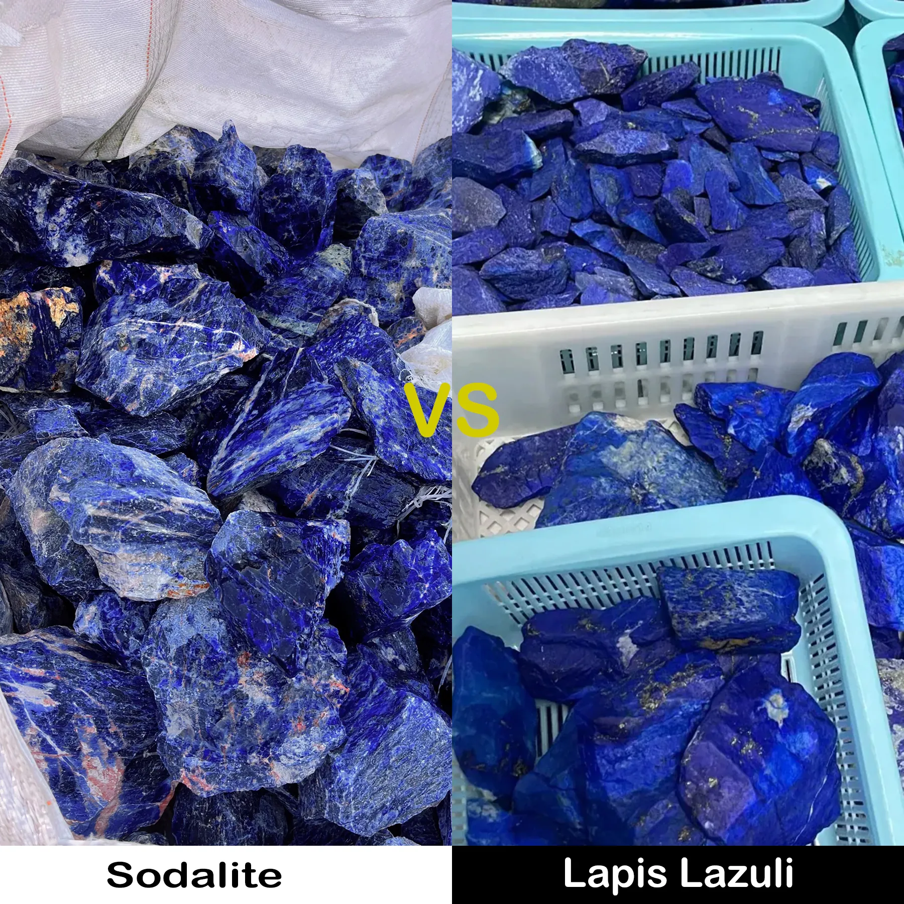 Rough sodalite and lapis lazuli shown side by side, with sodalite on the left and lapis lazuli on the right