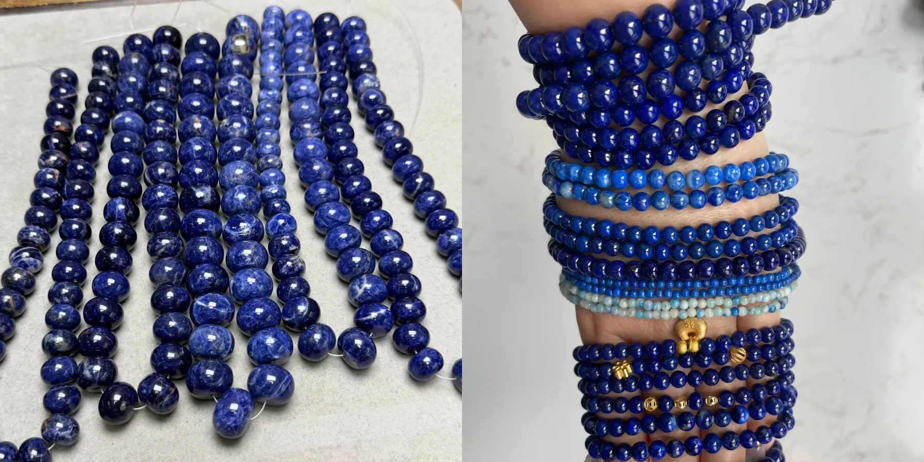Multiple sodalite bead strands beside multiple lapis lazuli bracelets showing the broader visual difference between the materials