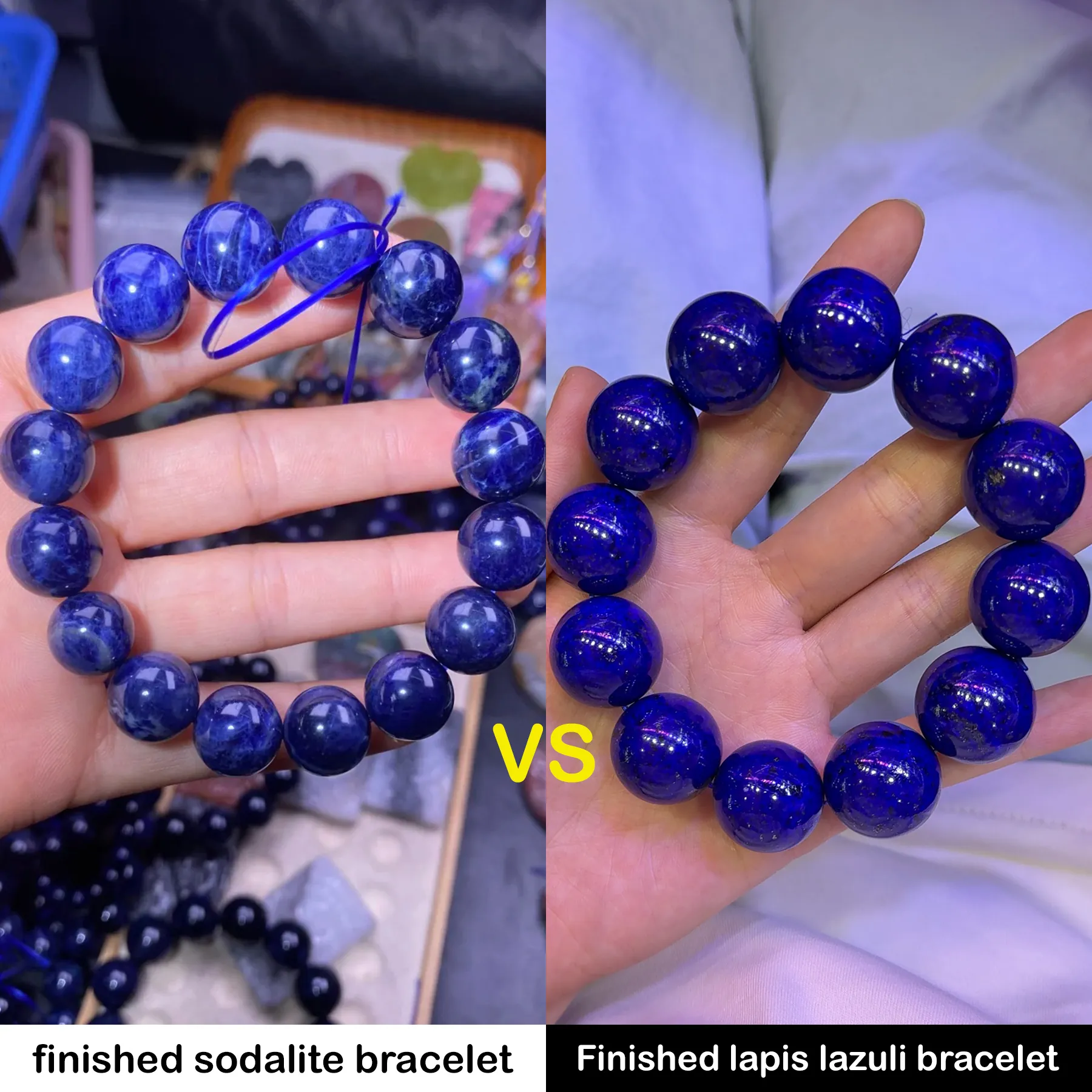 Finished sodalite bracelet and lapis lazuli bracelet compared side by side