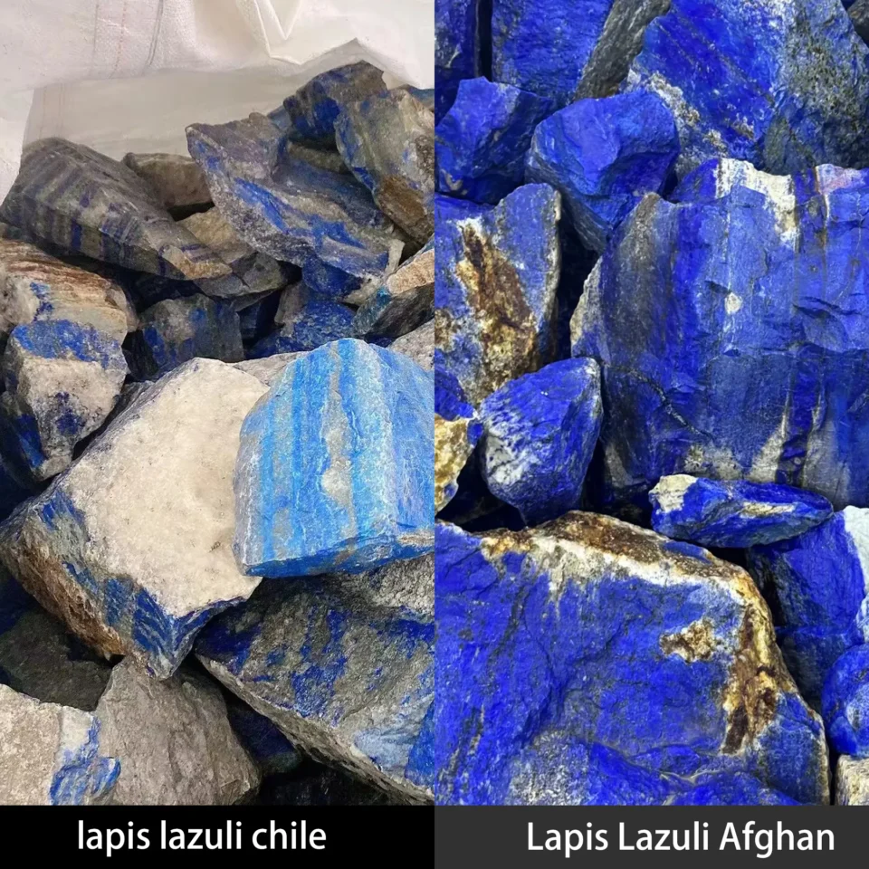Side-by-side photographs of Chilean and Afghan lapis lazuli rough with different blue and pale mineral areas