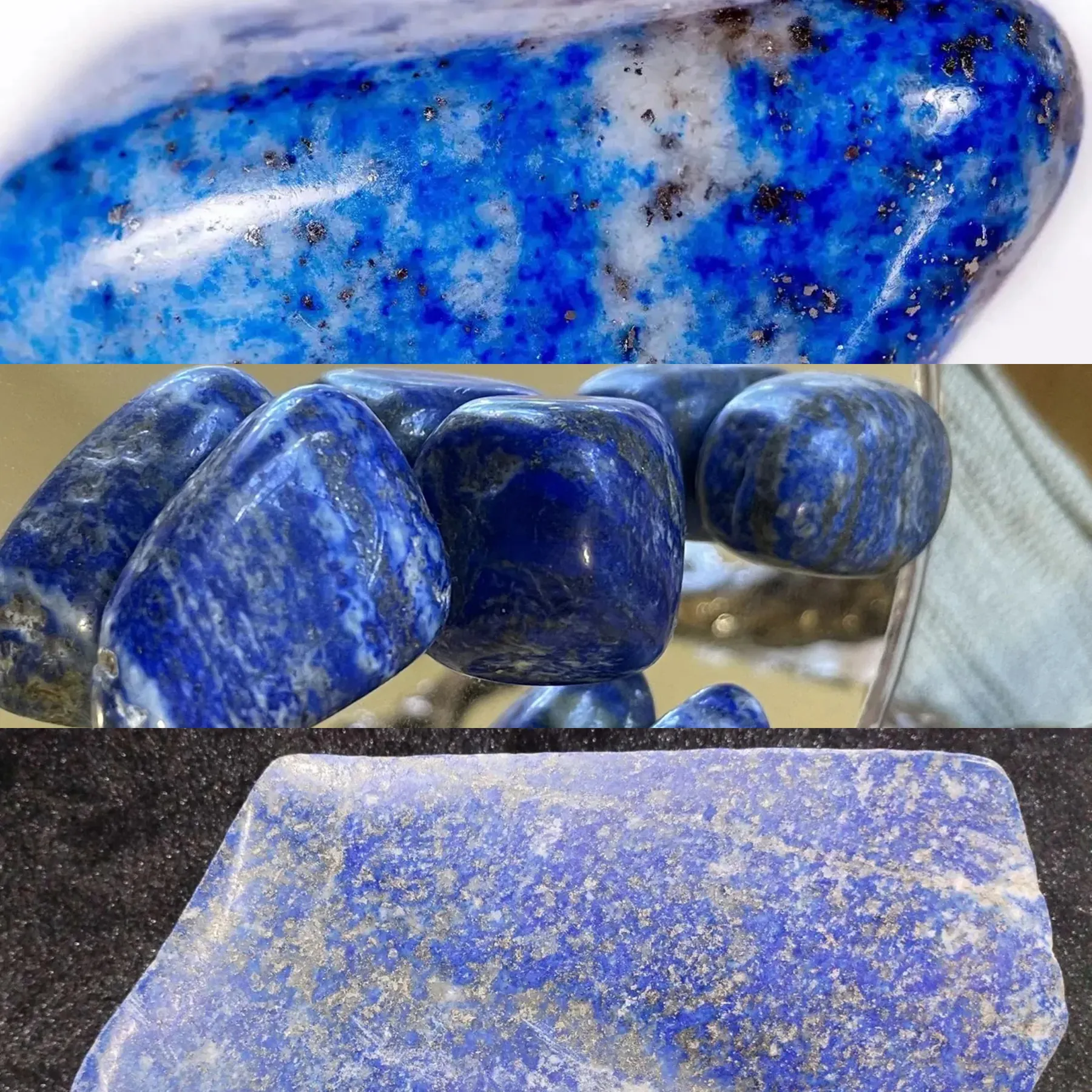 Three-panel collage of Chilean lapis rough and polished stones with varied blue color and pale mineral areas